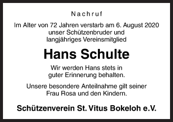 Traueranzeige von Hans Schulte von Neue Osnabrücker Zeitung GmbH & Co. KG