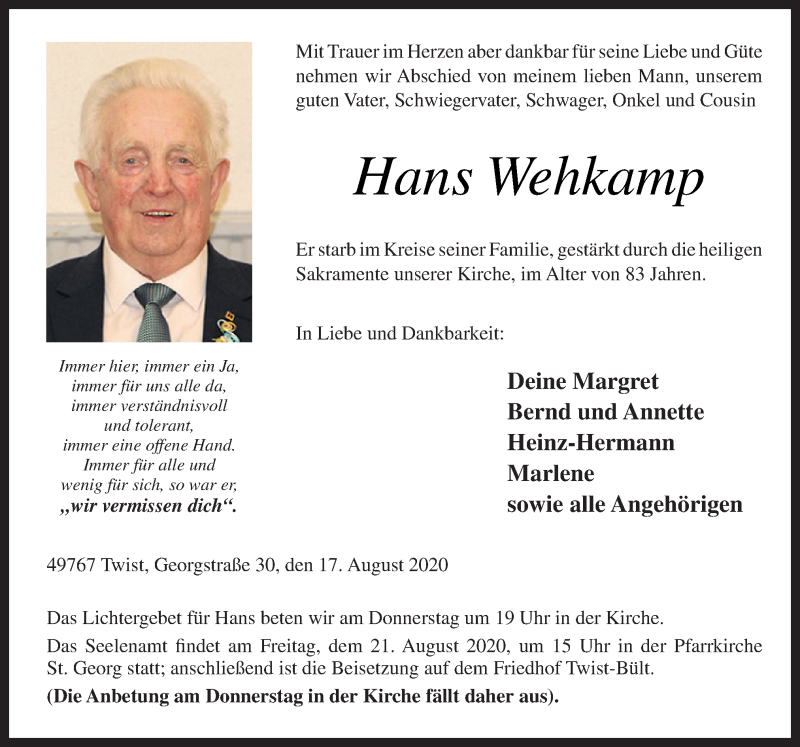  Traueranzeige für Hans Wehkamp vom 19.08.2020 aus Neue Osnabrücker Zeitung GmbH & Co. KG