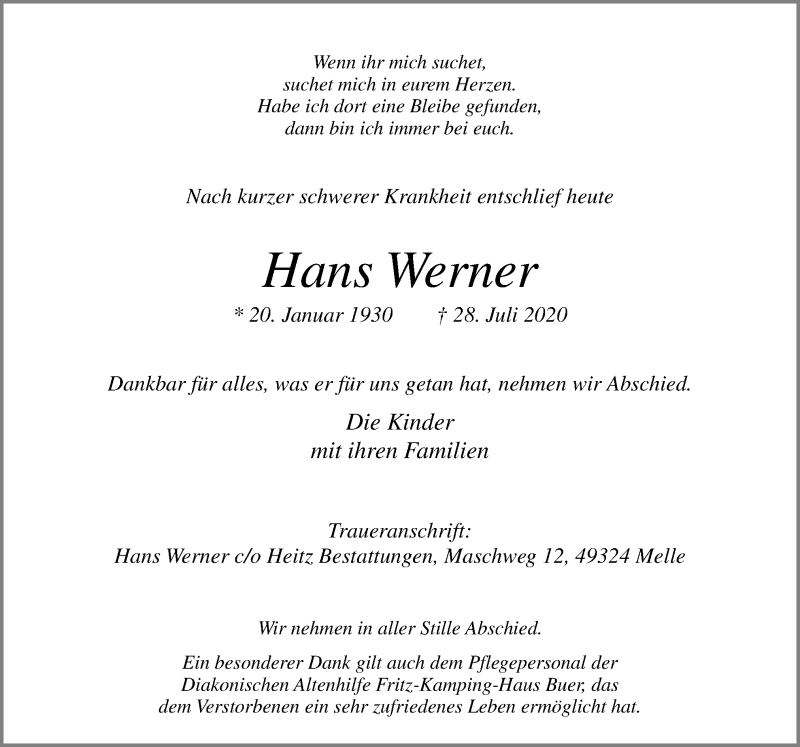  Traueranzeige für Hans Werner vom 01.08.2020 aus Neue Osnabrücker Zeitung GmbH & Co. KG