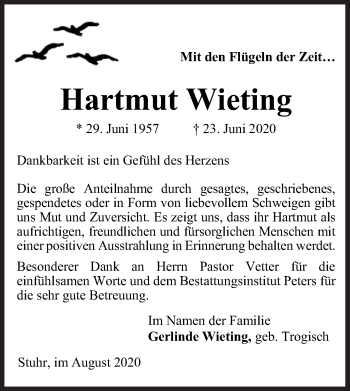Traueranzeige von Hartmut Wieting von Neue Osnabrücker Zeitung GmbH & Co. KG