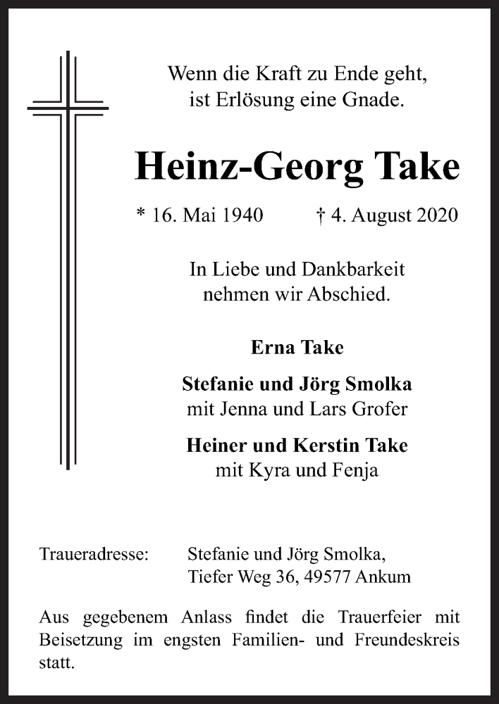  Traueranzeige für Heinz-Georg Take vom 08.08.2020 aus Neue Osnabrücker Zeitung GmbH & Co. KG