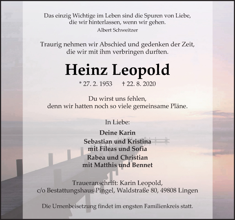  Traueranzeige für Heinz Leopold vom 29.08.2020 aus Neue Osnabrücker Zeitung GmbH & Co. KG