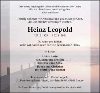 Traueranzeige von Heinz Leopold von Neue Osnabrücker Zeitung GmbH & Co. KG