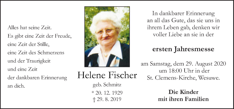  Traueranzeige für Helene Fischer vom 26.08.2020 aus Neue Osnabrücker Zeitung GmbH & Co. KG