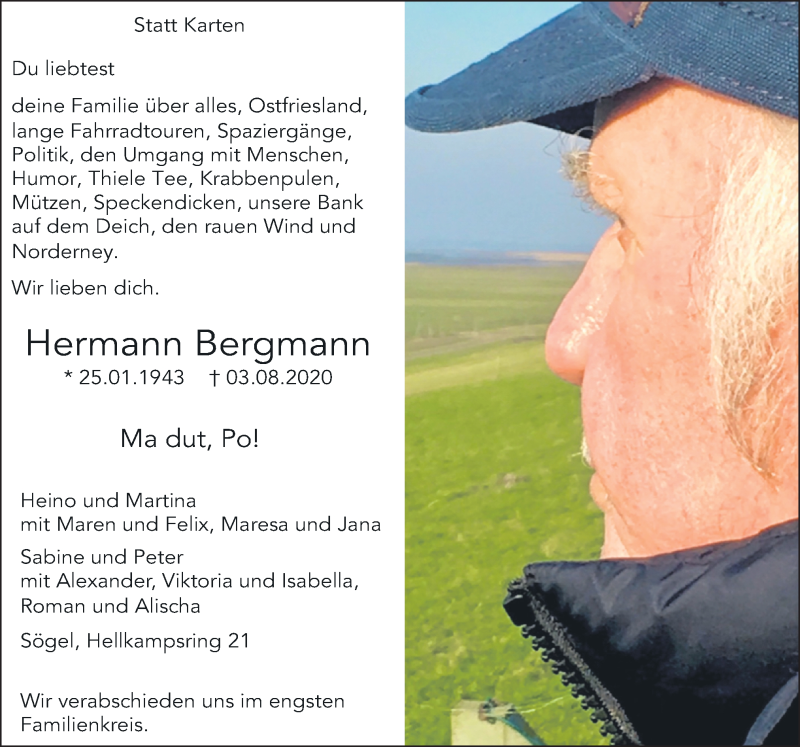  Traueranzeige für Hermann Bergmann vom 05.08.2020 aus Neue Osnabrücker Zeitung GmbH & Co. KG