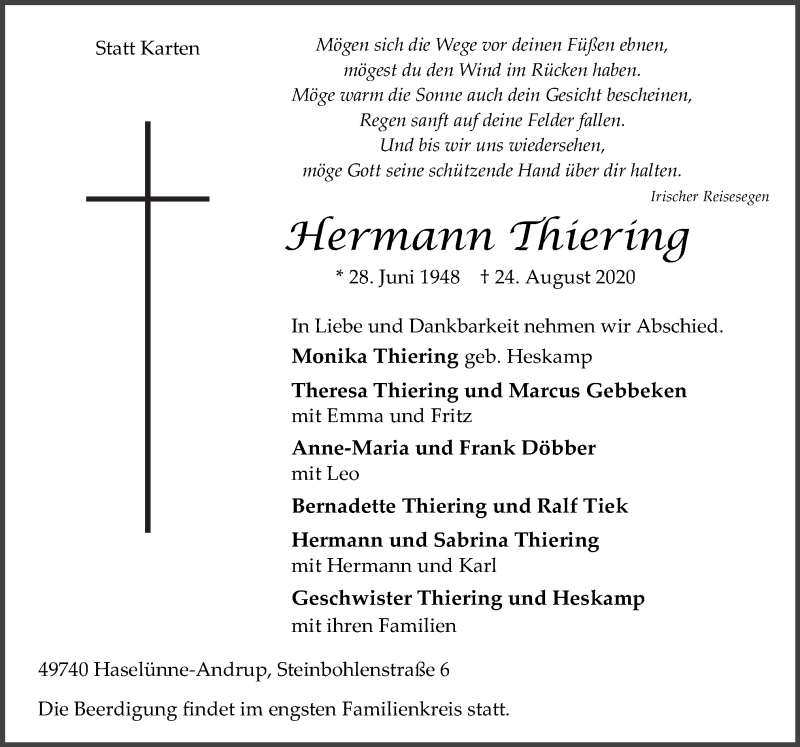  Traueranzeige für Hermann Thiering vom 26.08.2020 aus Neue Osnabrücker Zeitung GmbH & Co. KG