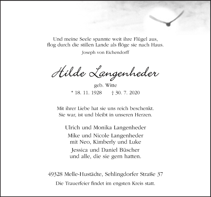  Traueranzeige für Hilde Langenheder vom 01.08.2020 aus Neue Osnabrücker Zeitung GmbH & Co. KG