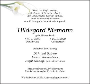 Traueranzeige von Hildegard Niemann von Neue Osnabrücker Zeitung GmbH & Co. KG