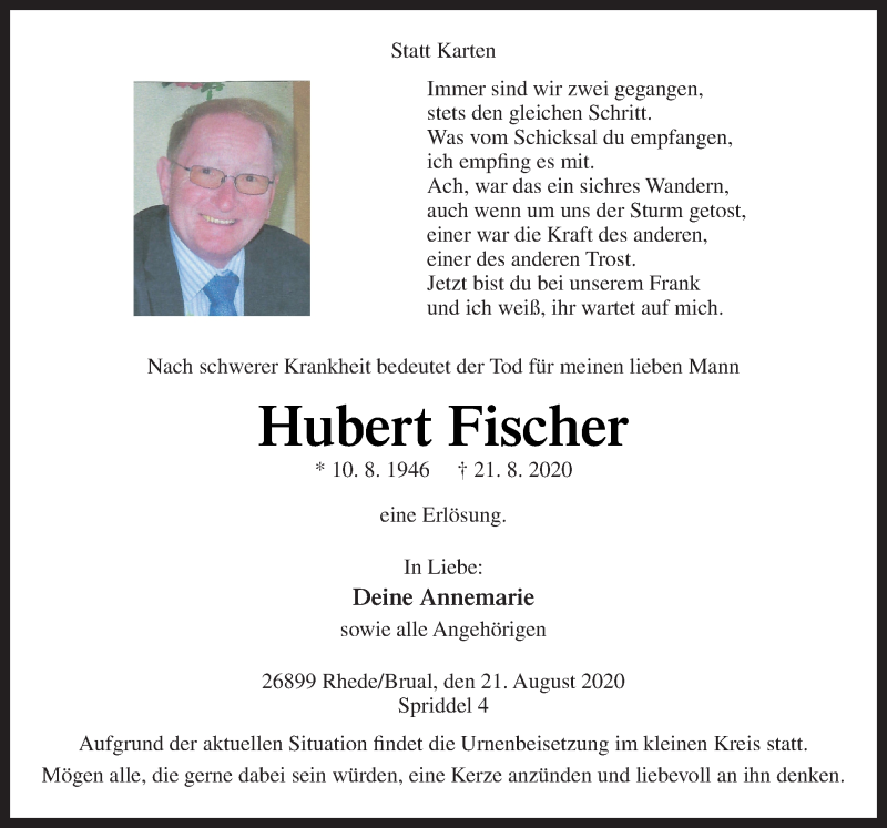  Traueranzeige für Hubert Fischer vom 22.08.2020 aus Neue Osnabrücker Zeitung GmbH & Co. KG