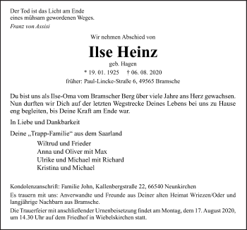 Traueranzeige von Ilse Heinz von Neue Osnabrücker Zeitung GmbH & Co. KG