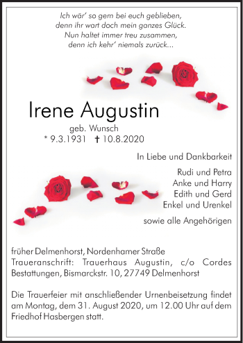 Traueranzeige von Irene Augustin von Neue Osnabrücker Zeitung GmbH & Co. KG