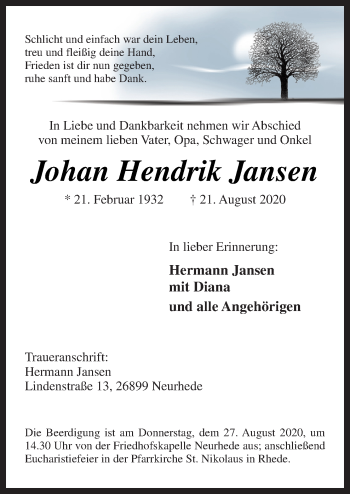 Traueranzeige von Johan Hendrik Jansen von Neue Osnabrücker Zeitung GmbH & Co. KG