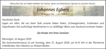 Traueranzeige von Johannes Egbers von Neue Osnabrücker Zeitung GmbH & Co. KG