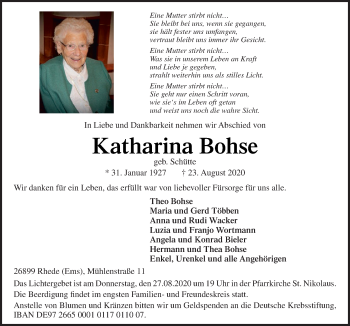 Traueranzeige von Katharina Bohse von Neue Osnabrücker Zeitung GmbH & Co. KG