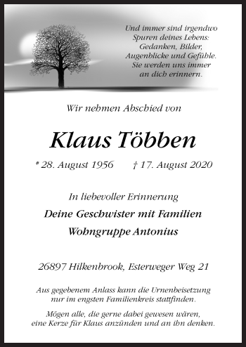 Traueranzeige von Klaus Többen von Neue Osnabrücker Zeitung GmbH & Co. KG