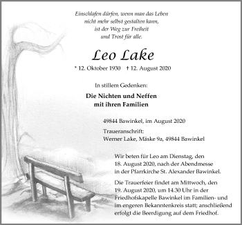 Traueranzeige von Leo Lake von Neue Osnabrücker Zeitung GmbH & Co. KG