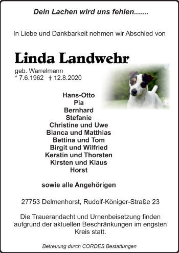 Traueranzeige von Linda Landwehr von Neue Osnabrücker Zeitung GmbH & Co. KG