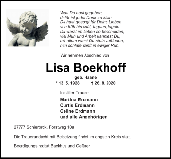 Traueranzeige von Lisa Boekhoff von Neue Osnabrücker Zeitung GmbH & Co. KG