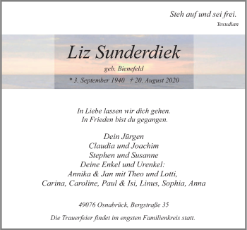 Traueranzeige von Liz Sunderdiek von Neue Osnabrücker Zeitung GmbH & Co. KG