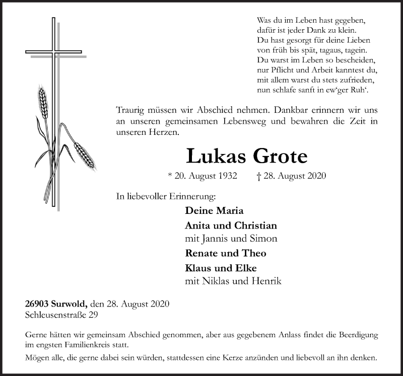  Traueranzeige für Lukas Grote vom 31.08.2020 aus Neue Osnabrücker Zeitung GmbH & Co. KG