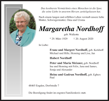 Traueranzeige von Margaretha Nordhoff von Neue Osnabrücker Zeitung GmbH & Co. KG