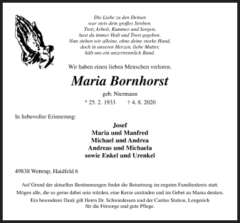 Traueranzeige von Maria Bornhorst von Neue Osnabrücker Zeitung GmbH & Co. KG