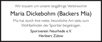 Traueranzeige von Maria Dickebohm von Neue Osnabrücker Zeitung GmbH & Co. KG