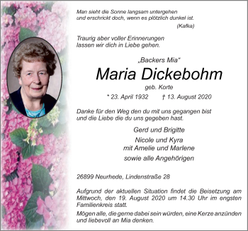 Traueranzeige von Maria Dickebohm von Neue Osnabrücker Zeitung GmbH & Co. KG