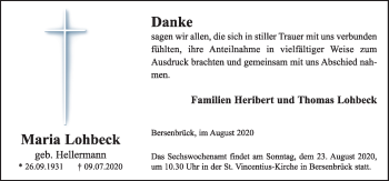 Traueranzeige von Maria Lohbeck von Neue Osnabrücker Zeitung GmbH & Co. KG