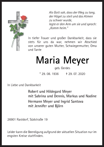 Traueranzeige von Maria Meyer von Neue Osnabrücker Zeitung GmbH & Co. KG