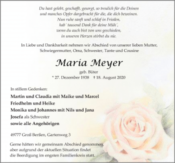 Traueranzeige von Maria Meyer von Neue Osnabrücker Zeitung GmbH & Co. KG