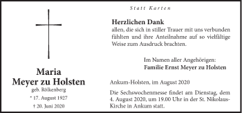 Traueranzeige von Maria Meyer zu Holsten von Neue Osnabrücker Zeitung GmbH & Co. KG