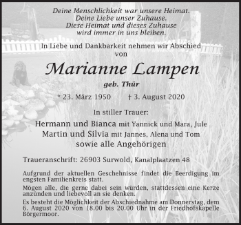 Traueranzeige von Marianne Lampen von Neue Osnabrücker Zeitung GmbH & Co. KG