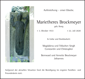 Traueranzeige von Marietheres Brockmeyer von Neue Osnabrücker Zeitung GmbH & Co. KG