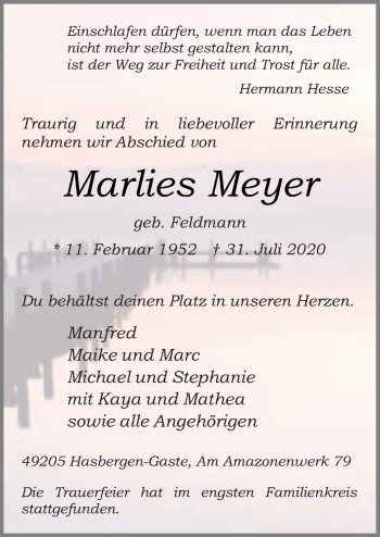 Traueranzeige von Marlies Meyer von Neue Osnabrücker Zeitung GmbH & Co. KG