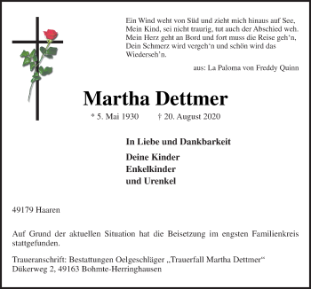 Traueranzeige von Martha Dettmer von Neue Osnabrücker Zeitung GmbH & Co. KG