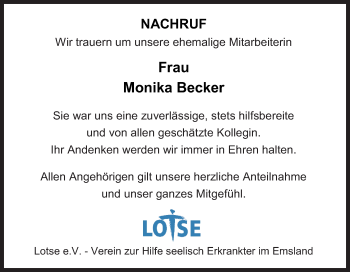 Traueranzeige von Monika Becker von Neue Osnabrücker Zeitung GmbH & Co. KG