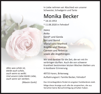 Traueranzeige von Monika Becker von Neue Osnabrücker Zeitung GmbH & Co. KG