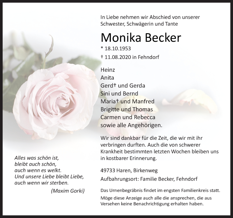  Traueranzeige für Monika Becker vom 14.08.2020 aus Neue Osnabrücker Zeitung GmbH & Co. KG