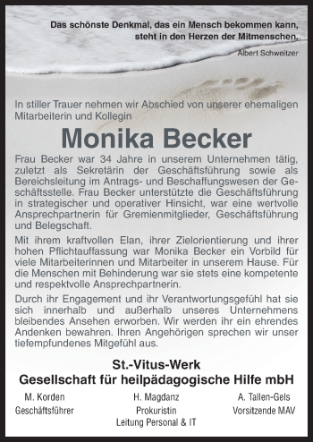 Traueranzeige von Monika Becker von Neue Osnabrücker Zeitung GmbH & Co. KG