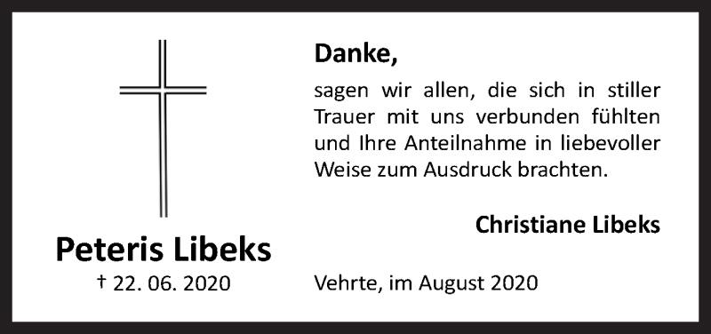  Traueranzeige für Peteris Libeks vom 01.08.2020 aus Neue Osnabrücker Zeitung GmbH & Co. KG