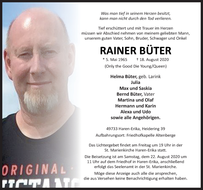  Traueranzeige für Rainer Büter vom 21.08.2020 aus Neue Osnabrücker Zeitung GmbH & Co. KG