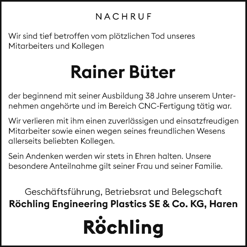  Traueranzeige für Rainer Büter vom 22.08.2020 aus Neue Osnabrücker Zeitung GmbH & Co. KG