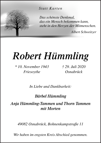 Traueranzeige von Robert Hümmling von Neue Osnabrücker Zeitung GmbH & Co. KG