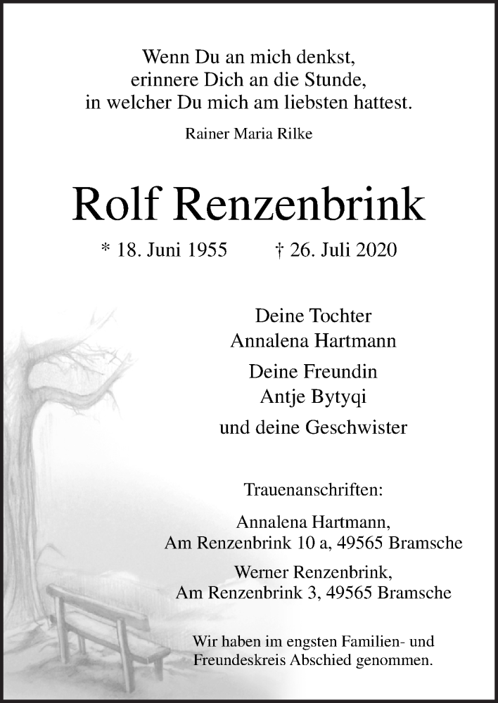  Traueranzeige für Rolf Renzenbrink vom 14.08.2020 aus Neue Osnabrücker Zeitung GmbH & Co. KG