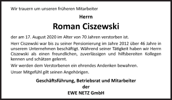 Traueranzeige von Roman Ciszewski von Neue Osnabrücker Zeitung GmbH & Co. KG