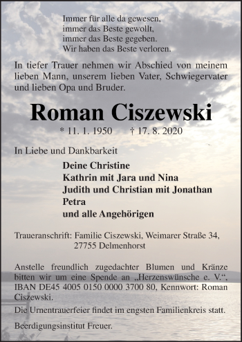 Traueranzeige von Roman Ciszewski von Neue Osnabrücker Zeitung GmbH & Co. KG