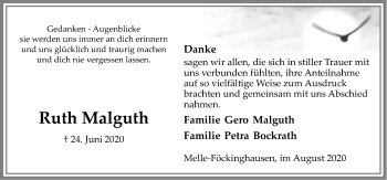 Traueranzeige von Ruth Malguth von Neue Osnabrücker Zeitung GmbH & Co. KG