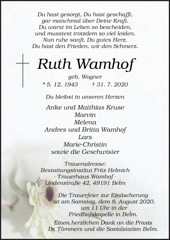  Traueranzeige für Ruth Wamhof vom 07.08.2020 aus Neue Osnabrücker Zeitung GmbH & Co. KG