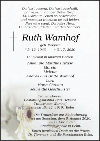Traueranzeige von Ruth Wamhof von Neue Osnabrücker Zeitung GmbH & Co. KG